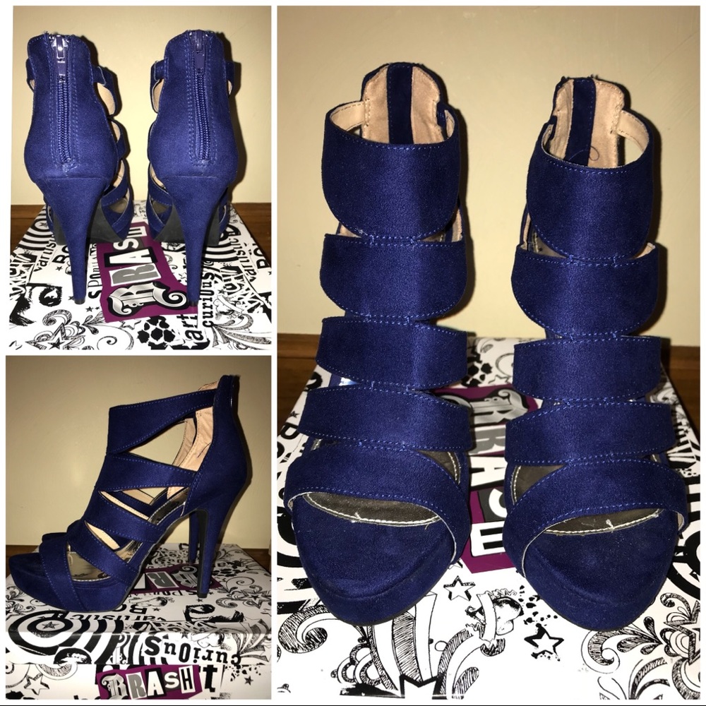 Navy blue strappy heels, size 8.5